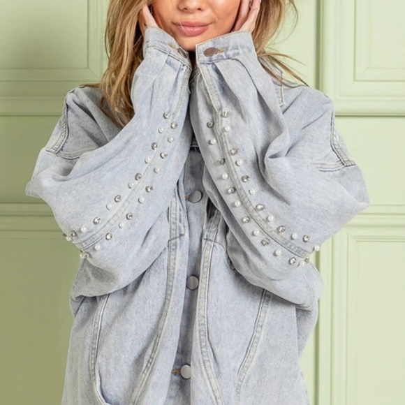 New Chic Oversized Pearl and Rhinestone Trim Denim Jean Jacket - Picture 3 of 8